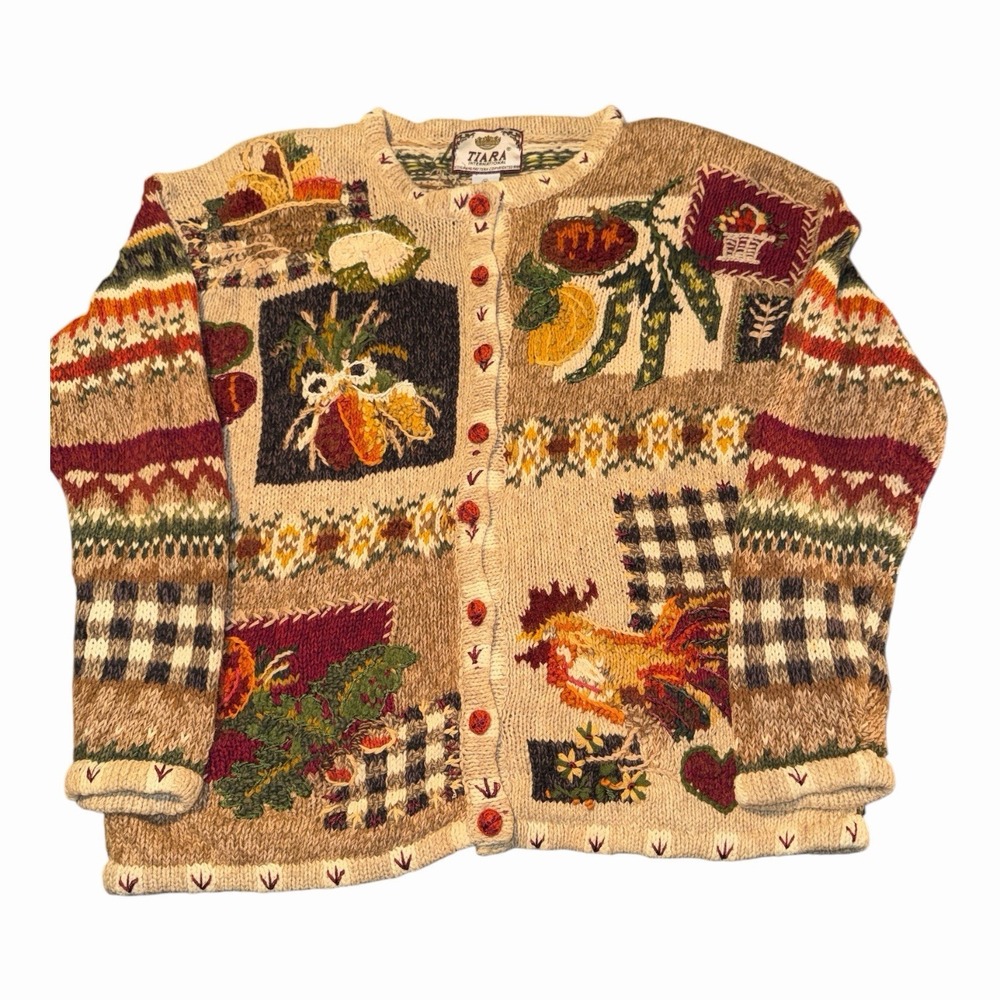 Vintage Tiara Cardigan Womens M Rooster Harvest Pumpkin Cottagecore Sweater